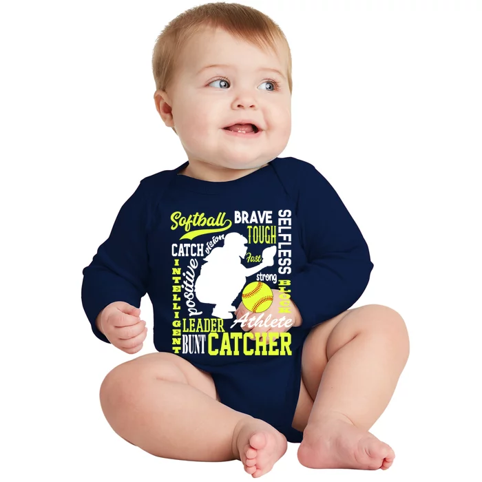 Girls Softball Catcher Great Traits Of A Catcher Funny Gift Baby Long Sleeve Bodysuit