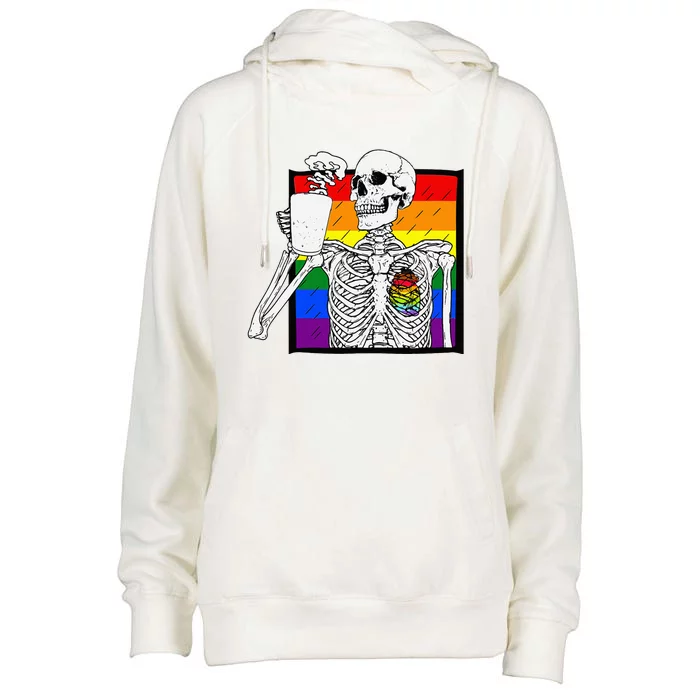 Goth Skeleton Coffee Gay Lesbian Pride Rainbow Human Heart Womens Funnel Neck Pullover Hood