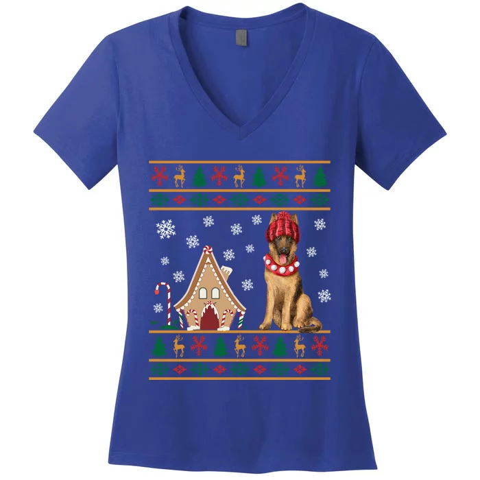 Ger Shepherd Christmas Ugly Sweater Santa Hat Reindeers Gift Women's V-Neck T-Shirt