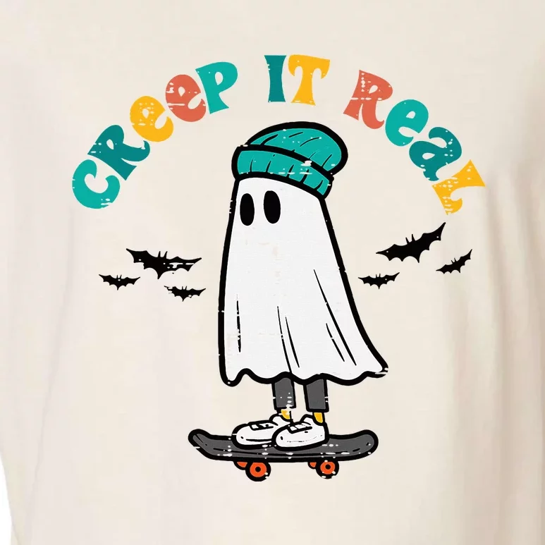 Ghost Skateboard Creep It Real Retro Halloween Skater Garment-Dyed Women's Muscle Tee