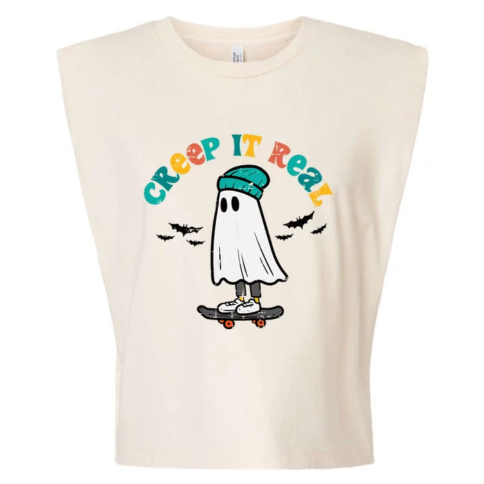 Ghost Skateboard Creep It Real Retro Halloween Skater Garment-Dyed Women's Muscle Tee