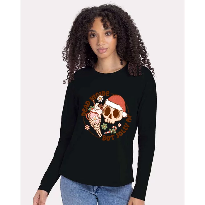 Groovy Santa Dead Inside But Jolly Af Skeleton Skull Floral Gift Womens Cotton Relaxed Long Sleeve T-Shirt