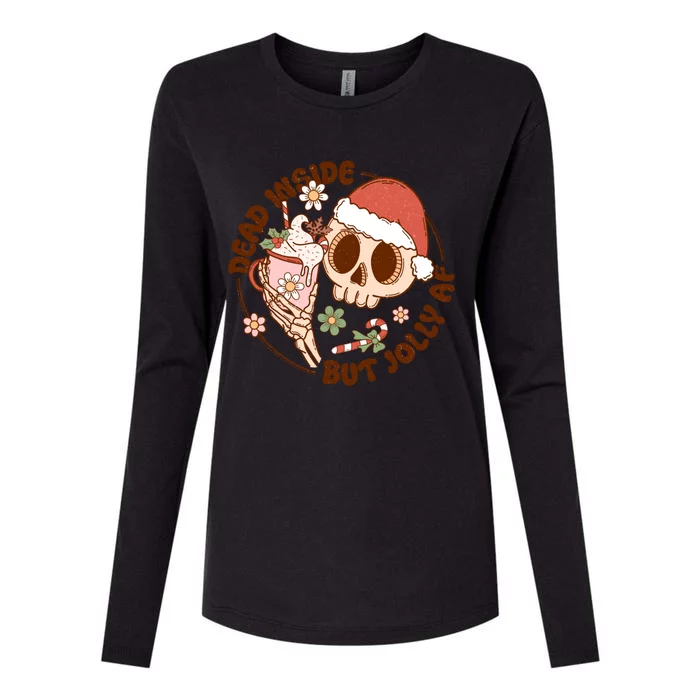 Groovy Santa Dead Inside But Jolly Af Skeleton Skull Floral Gift Womens Cotton Relaxed Long Sleeve T-Shirt