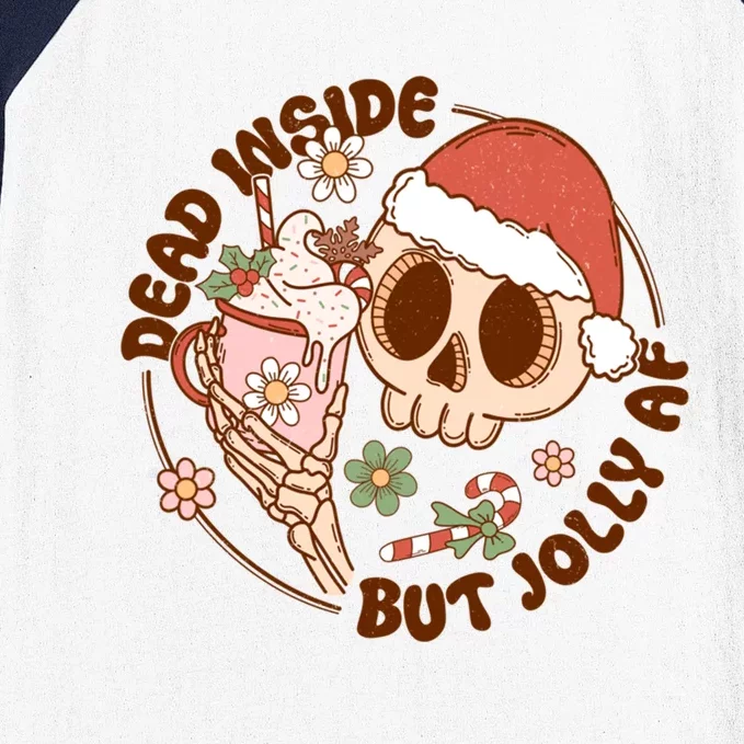 Groovy Santa Dead Inside But Jolly Af Skeleton Skull Floral Gift Baseball Sleeve Shirt