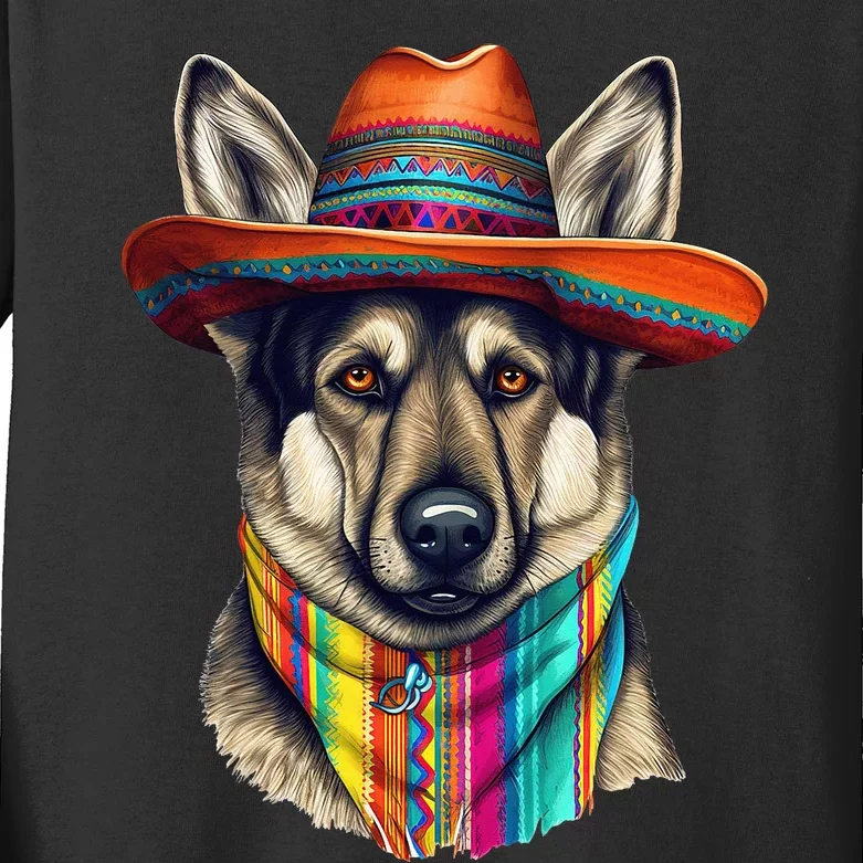 German Shepherd Dog in Cinco De Mayo Sombrero and Poncho Kids Long Sleeve Shirt