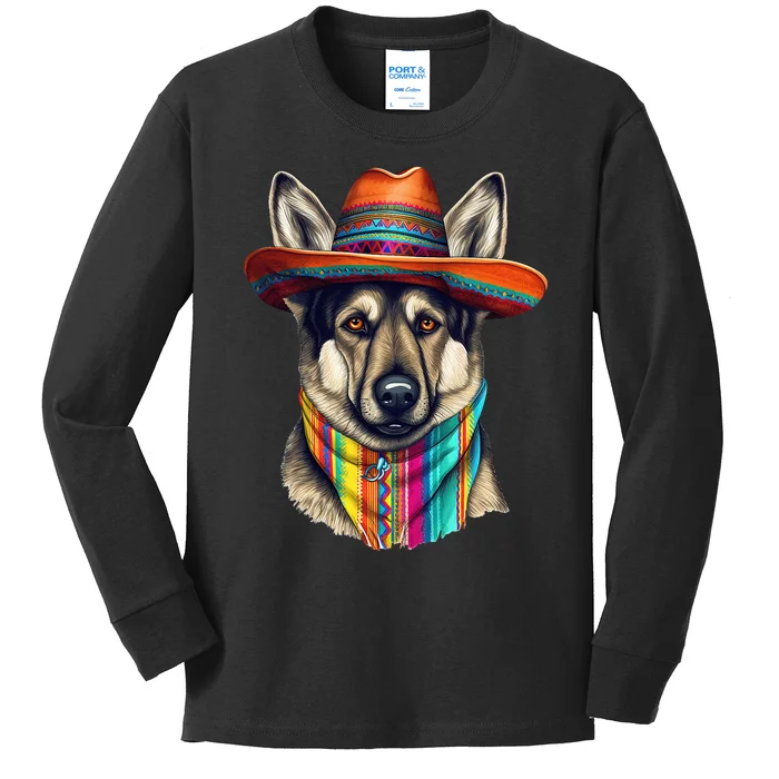 German Shepherd Dog in Cinco De Mayo Sombrero and Poncho Kids Long Sleeve Shirt