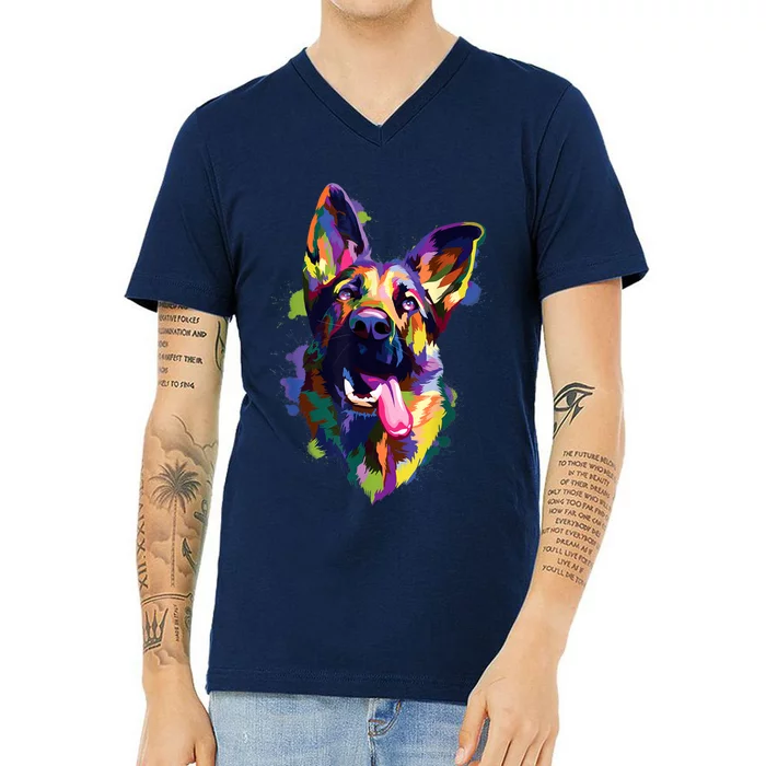 German Shepherd Dog Face Watercolor Colorful Pop Splash Art V-Neck T-Shirt