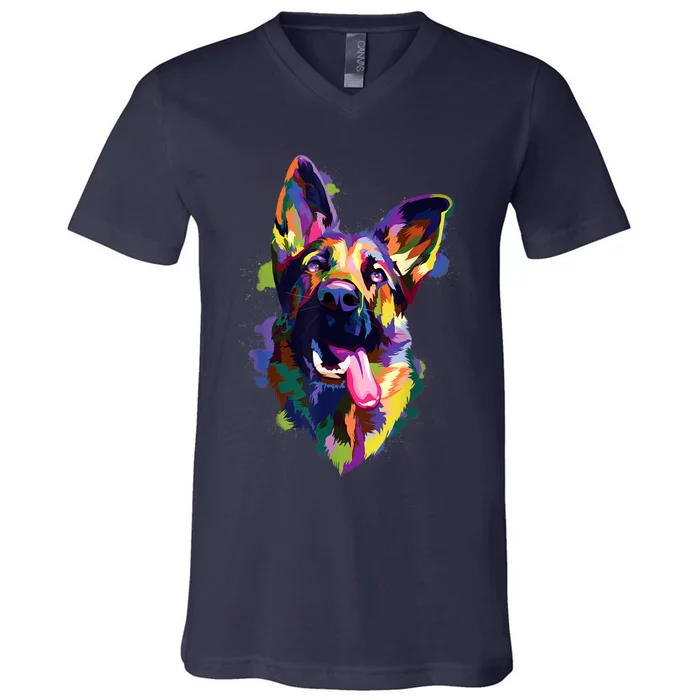 German Shepherd Dog Face Watercolor Colorful Pop Splash Art V-Neck T-Shirt