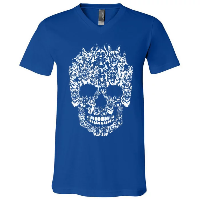 German Shepherd Dog Halloween Skull V-Neck T-Shirt