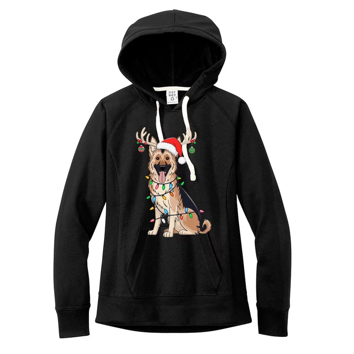 German Shepherd Dog Tree Christmas Lights Dog Lover Pajama Women's Fleece Hoodie