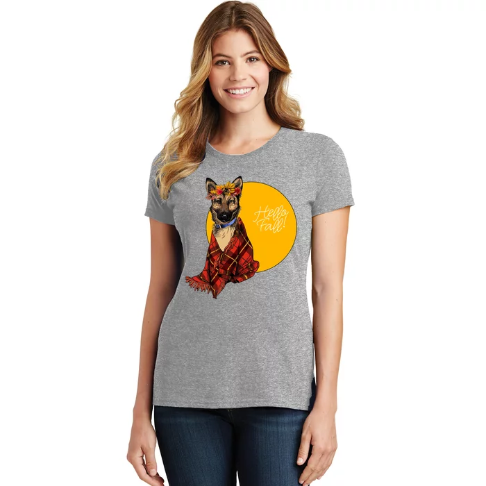 German Shepherd Dog Autumn leaves Blanket Hello Fall Women's T-Shirt