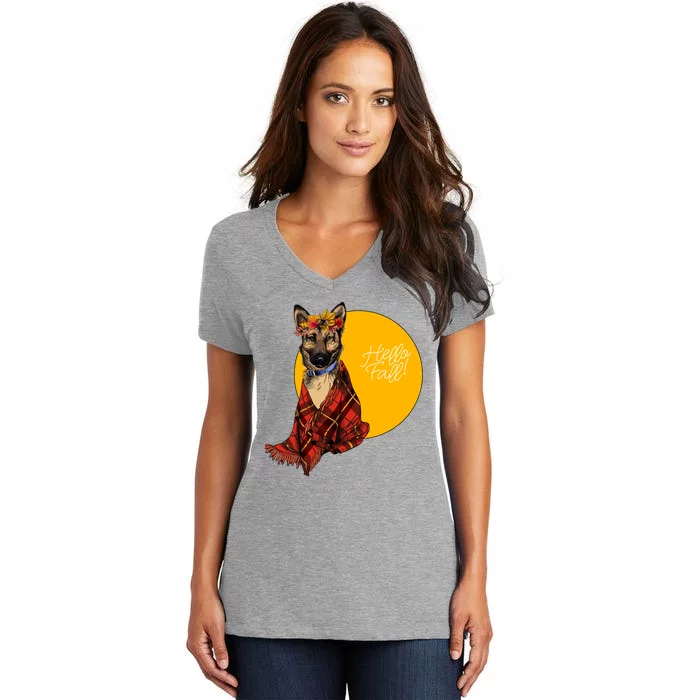 German Shepherd Dog Autumn leaves Blanket Hello Fall Women's V-Neck T-Shirt