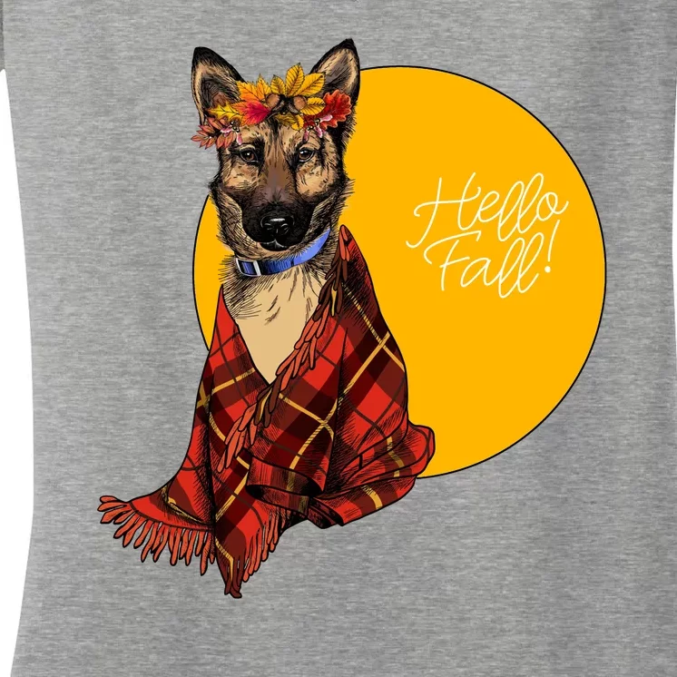 German Shepherd Dog Autumn leaves Blanket Hello Fall Women's V-Neck T-Shirt