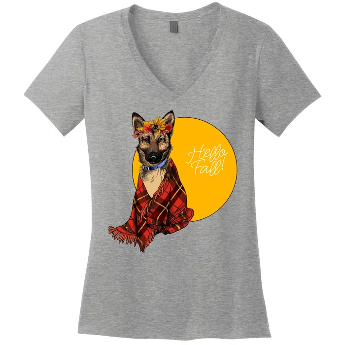 German Shepherd Dog Autumn leaves Blanket Hello Fall Women's V-Neck T-Shirt