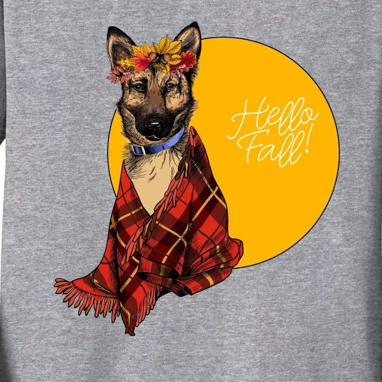 German Shepherd Dog Autumn leaves Blanket Hello Fall Kids Long Sleeve Shirt