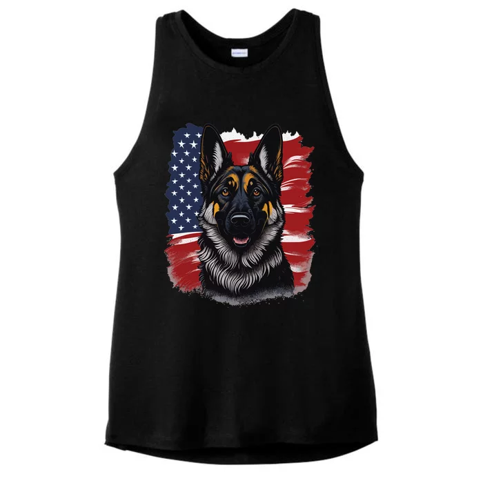 German Shepherd Dog USA Flag Ladies Tri-Blend Wicking Tank