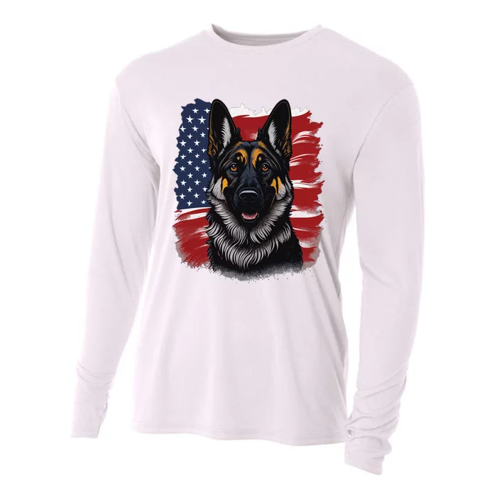 German Shepherd Dog USA Flag Cooling Performance Long Sleeve Crew