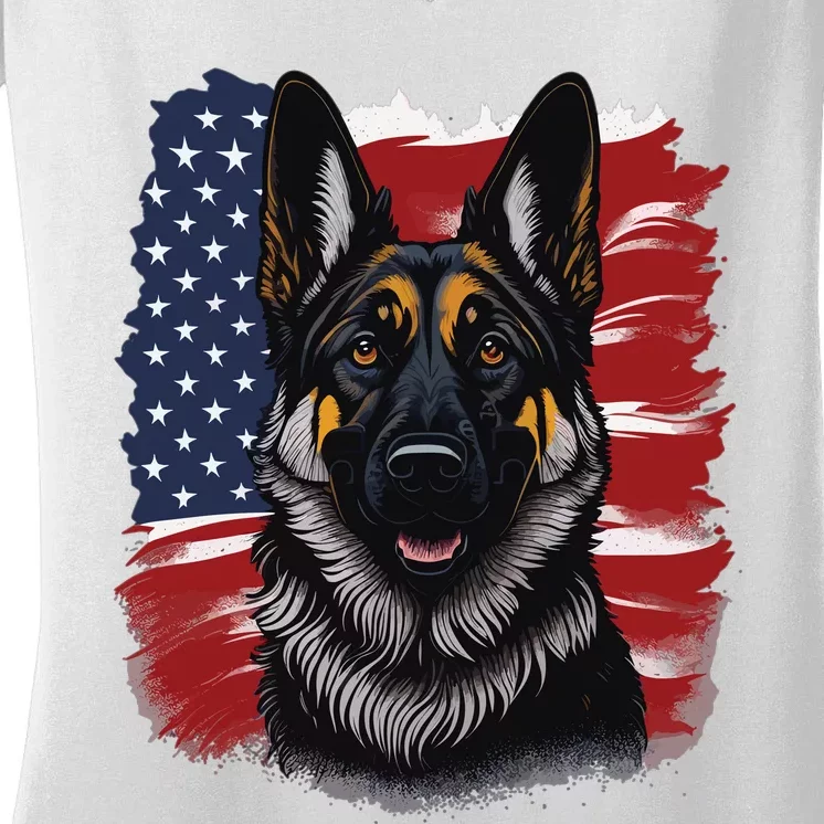 German Shepherd Dog USA Flag Women's V-Neck T-Shirt