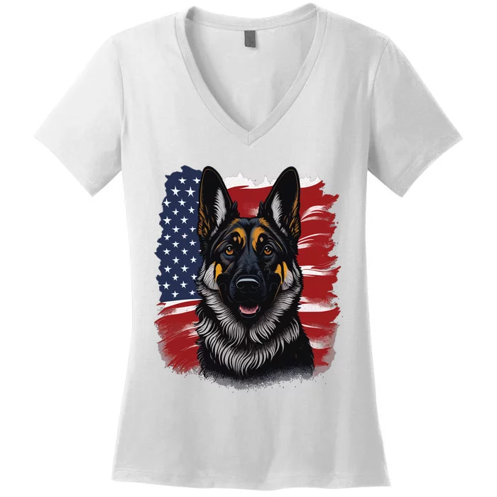 German Shepherd Dog USA Flag Women's V-Neck T-Shirt