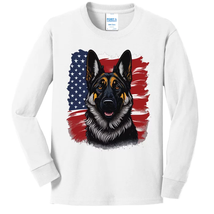 German Shepherd Dog USA Flag Kids Long Sleeve Shirt