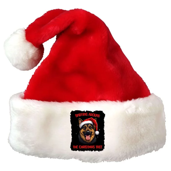 German Shepherd Dog Sniffing Around The Christmas Tree Premium Christmas Santa Hat