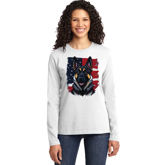 German Shepherd Dog USA Flag Ladies Long Sleeve Shirt