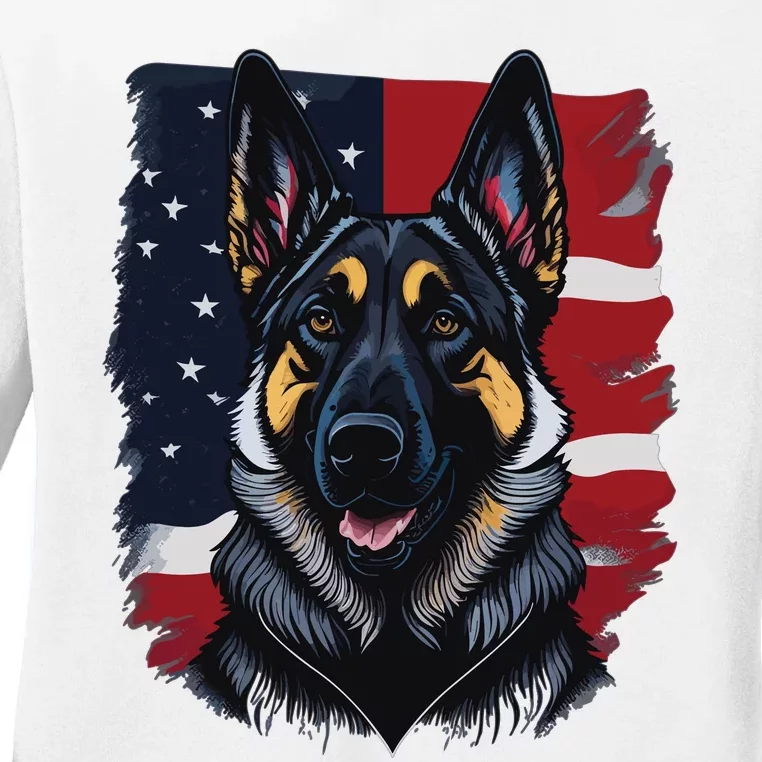 German Shepherd Dog USA Flag Ladies Long Sleeve Shirt