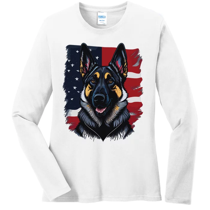 German Shepherd Dog USA Flag Ladies Long Sleeve Shirt