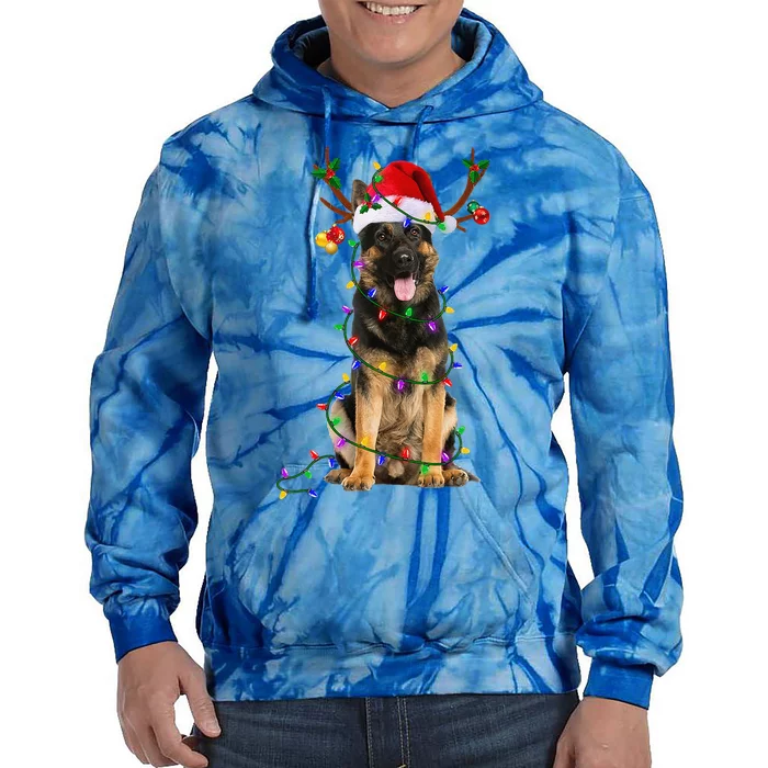 German Shepherd Dog Tree Christmas Lights Dog Lover Pajama Tie Dye Hoodie