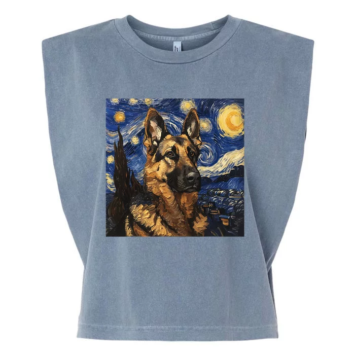 German Shepherd Dog Van Gogh Style Starry Night Garment-Dyed Women's Muscle Tee