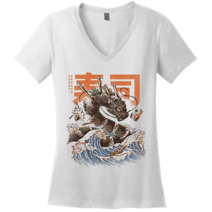 Great Sushi Dragon Japanese Food Kawaii Anime Women's V-Neck T-Shirt