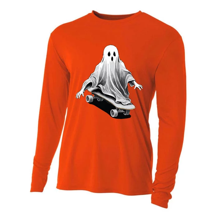 Ghost Skateboard Funny Skateboarding Lazy Halloween Costume Funny Gift Cooling Performance Long Sleeve Crew