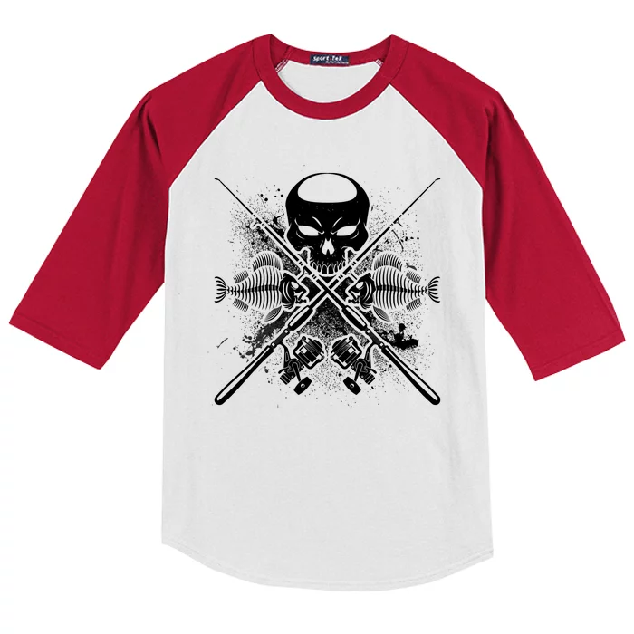 Grunge Skull Fish Bone Fishing Kids Colorblock Raglan Jersey