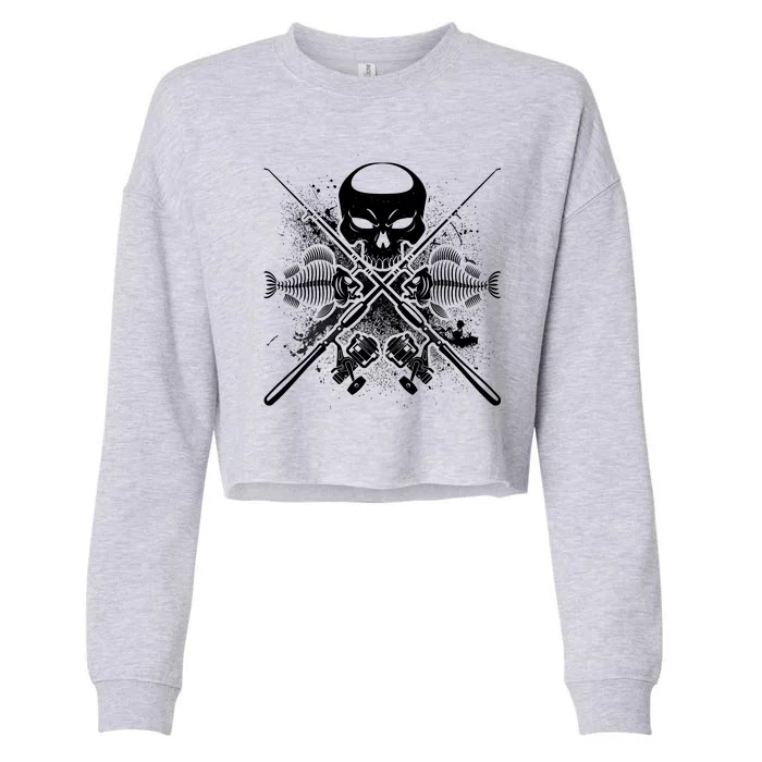 Grunge Skull Fish Bone Fishing Cropped Pullover Crew