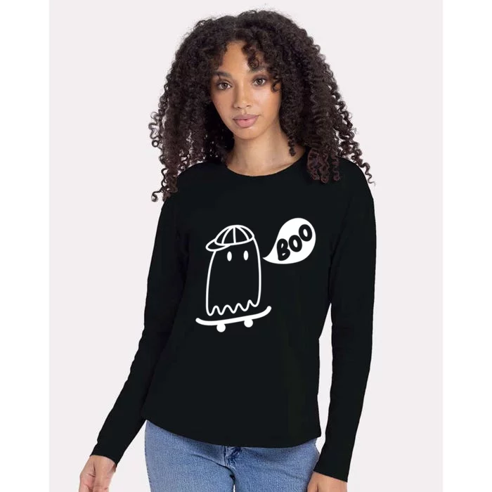 Ghost Skateboard Funny Halloween Costume Boo Squad Gift Womens Cotton Relaxed Long Sleeve T-Shirt