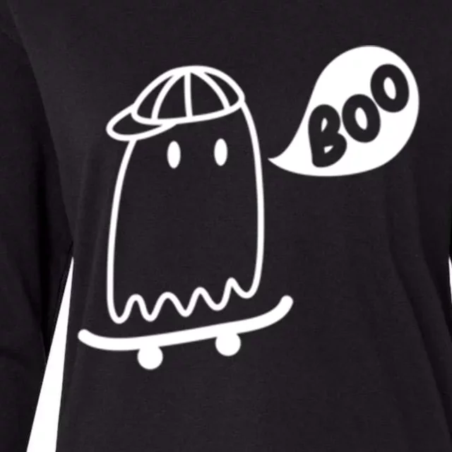 Ghost Skateboard Funny Halloween Costume Boo Squad Gift Womens Cotton Relaxed Long Sleeve T-Shirt