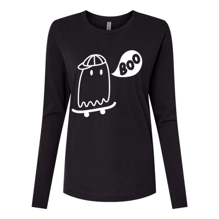 Ghost Skateboard Funny Halloween Costume Boo Squad Gift Womens Cotton Relaxed Long Sleeve T-Shirt