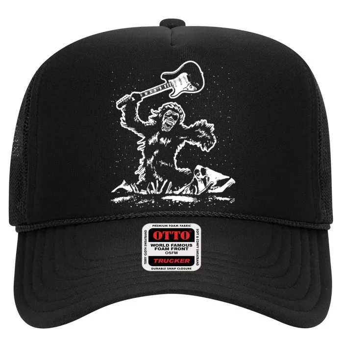 Guitar Smash Funny Bigfoot Sasquatch High Crown Mesh Trucker Hat