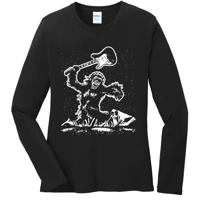 Guitar Smash Funny Bigfoot Sasquatch Ladies Long Sleeve Shirt