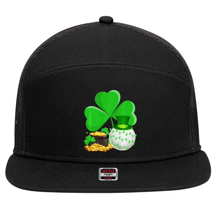 Golf Shamrock Four Leaf Clover St Patricks Day 7 Panel Mesh Trucker Snapback Hat