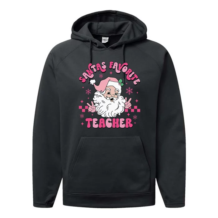 Groovy Santa's Favorite Teacher Pink Santa Christmas Teacher Performance Fleece Hoodie