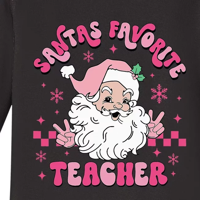 Groovy Santa's Favorite Teacher Pink Santa Christmas Teacher Baby Long Sleeve Bodysuit