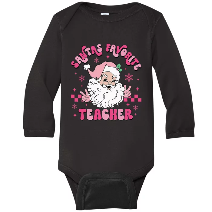 Groovy Santa's Favorite Teacher Pink Santa Christmas Teacher Baby Long Sleeve Bodysuit