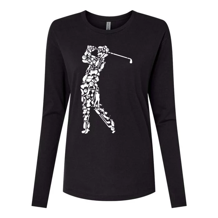 Golfer Silhouette Filled With Golf Things Gift Womens Cotton Relaxed Long Sleeve T-Shirt