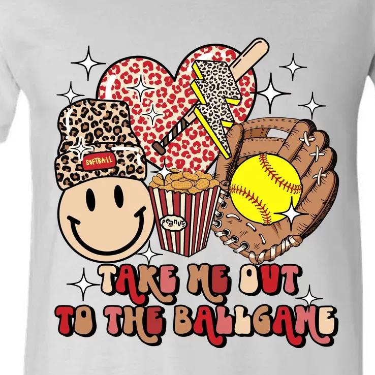 Groovy Softball Game Day Take Me Out To The Ball Game V-Neck T-Shirt