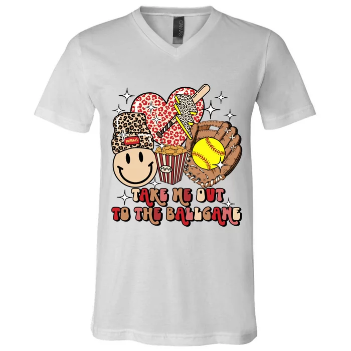 Groovy Softball Game Day Take Me Out To The Ball Game V-Neck T-Shirt