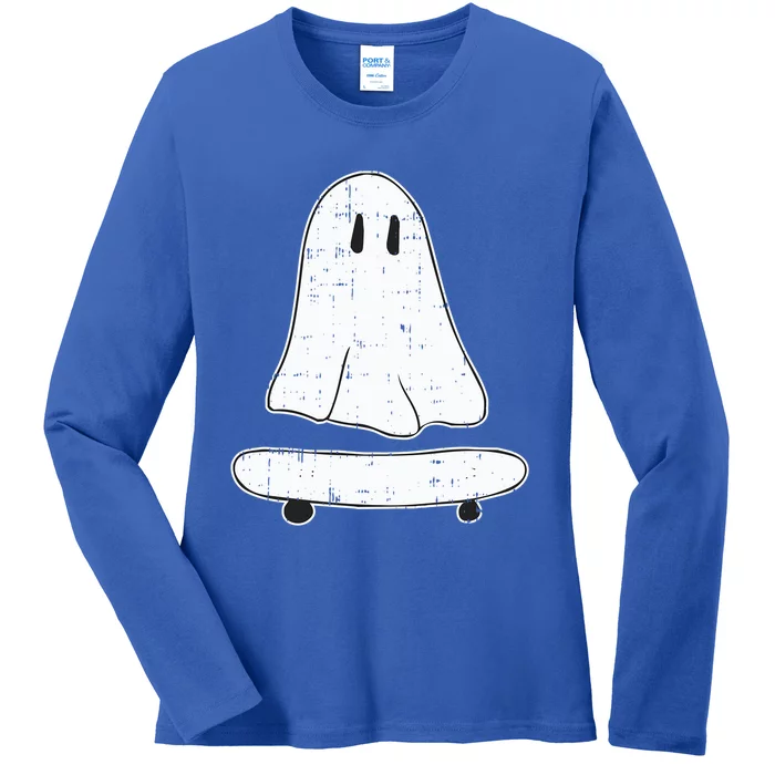 Ghost Skater Halloween Costume Spirit Ghoul SkateboardIng Gift Ladies Long Sleeve Shirt