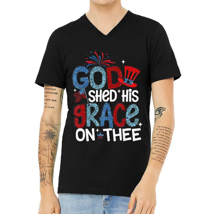 God Shed His Grace On Thee 4th Of July American Patriotic V-Neck T-Shirt