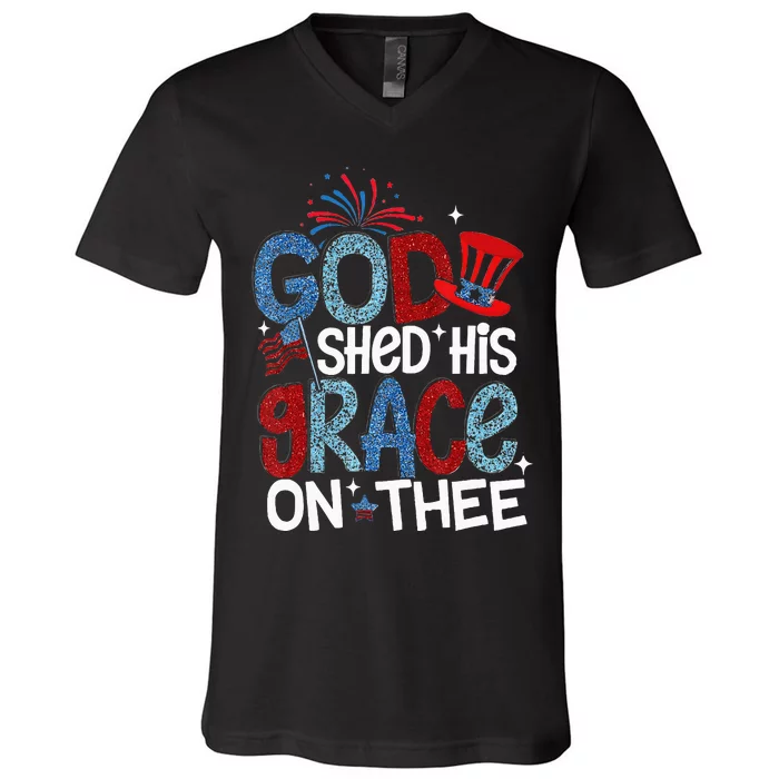 God Shed His Grace On Thee 4th Of July American Patriotic V-Neck T-Shirt