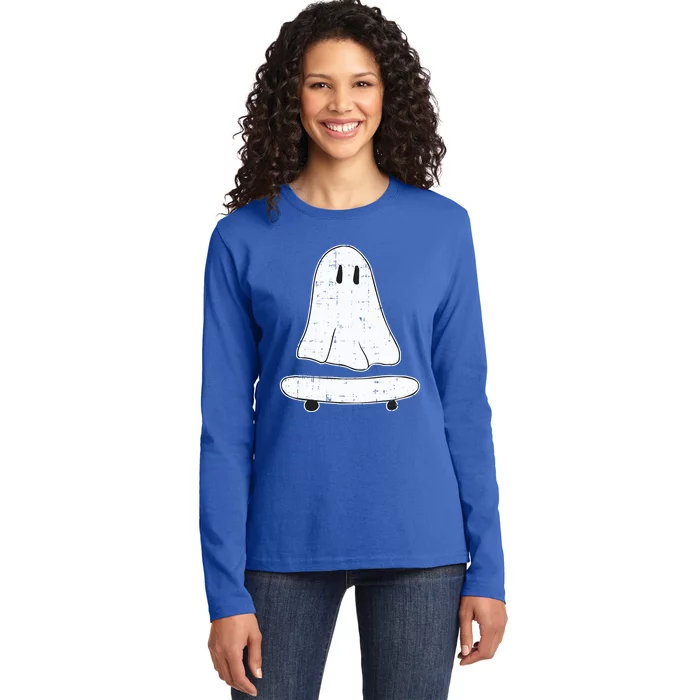 Ghost Skater Halloween Costume Spirit Ghoul SkateboardIng Gift Ladies Long Sleeve Shirt